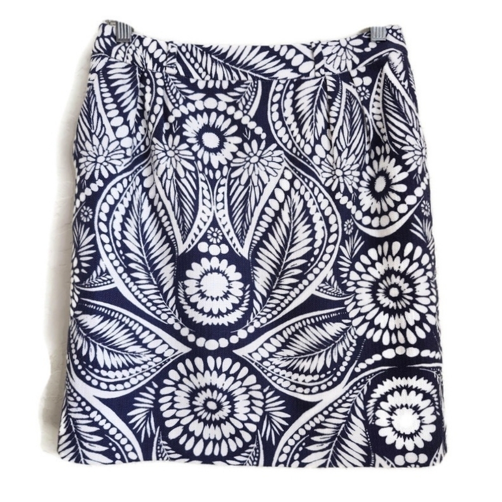 Kate Spade Meridith Navy Blue White Floral & Leaf Print Cotton Blend Midi Skirt